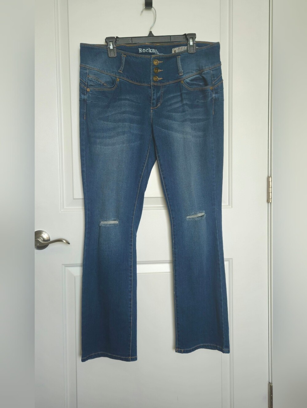 Women's Plus Size 16 Dark Blue Flare Jeans with Triple-Button Waistband